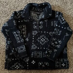 Women’s Cozy Black and Gray Bandana Patterned Teddy Jacket Quarter Zip